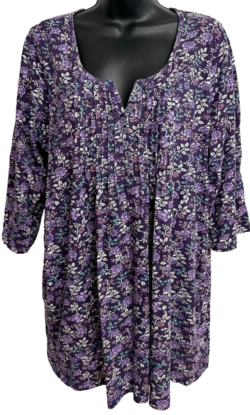 Woman Within Blouse Womens 18/20 Purple Floral Pintuck Henley Tunic Top Casual